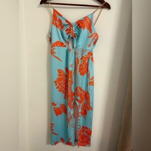 Blue and Orange Floral Dress with Chain Straps